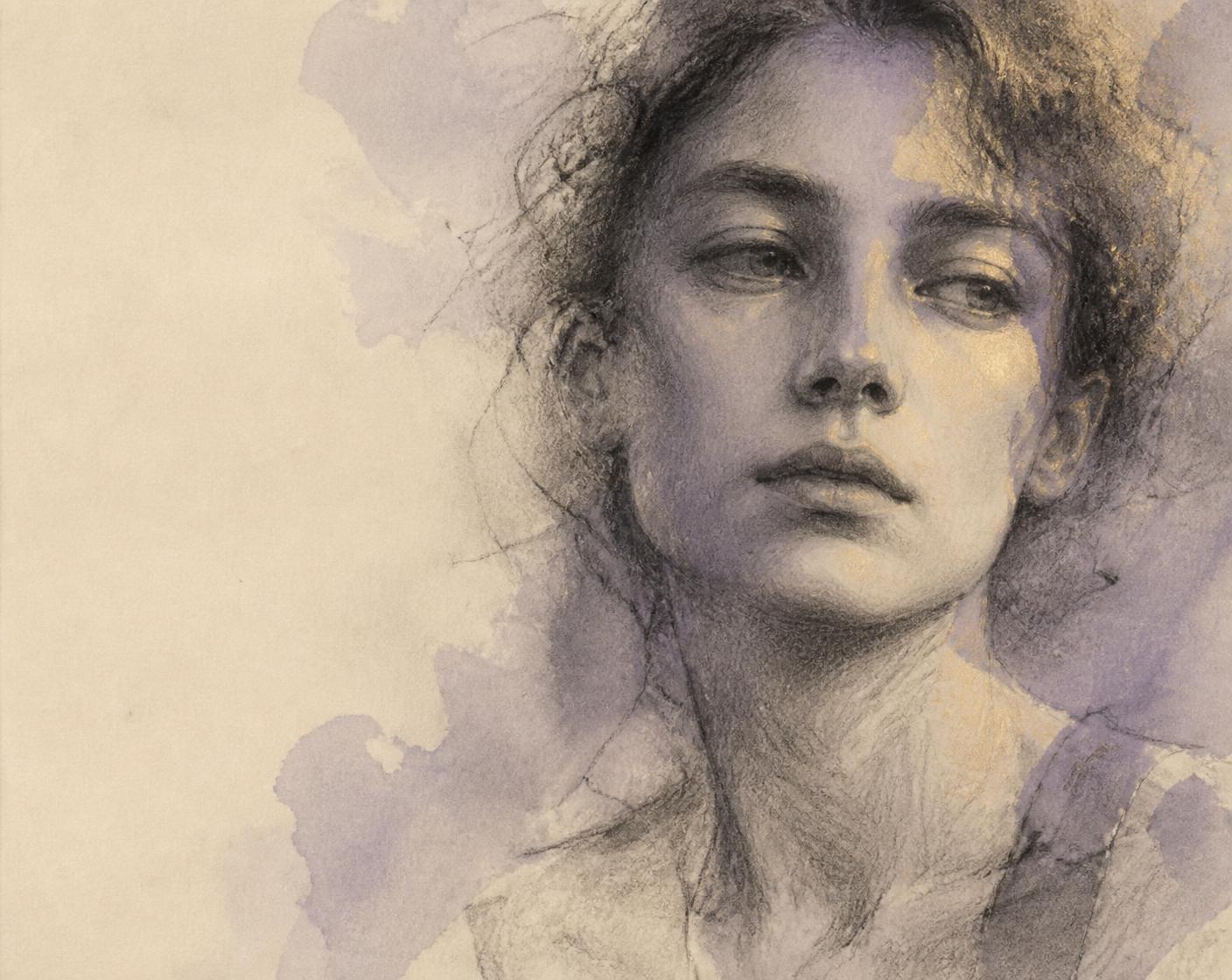 Soft charcoal and graphite portrait study in violet and cream tones