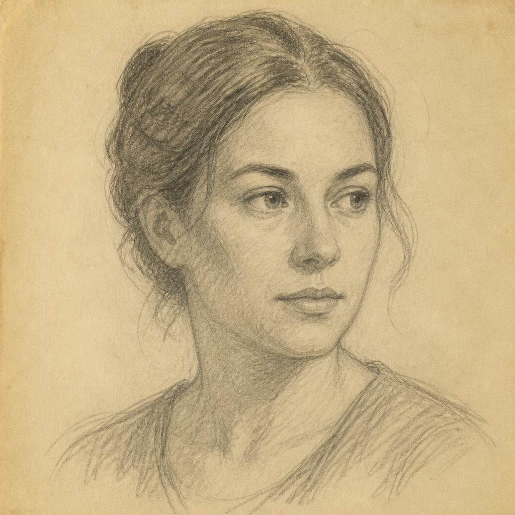 A student's pencil portrait study of a woman, drawn on warm ivory paper