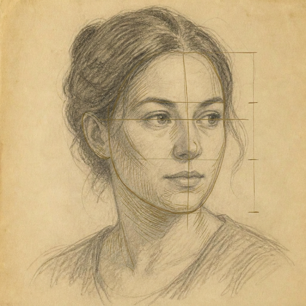 The same pencil portrait with delicate gold teaching guides showing the centre line, eye line and facial proportions
